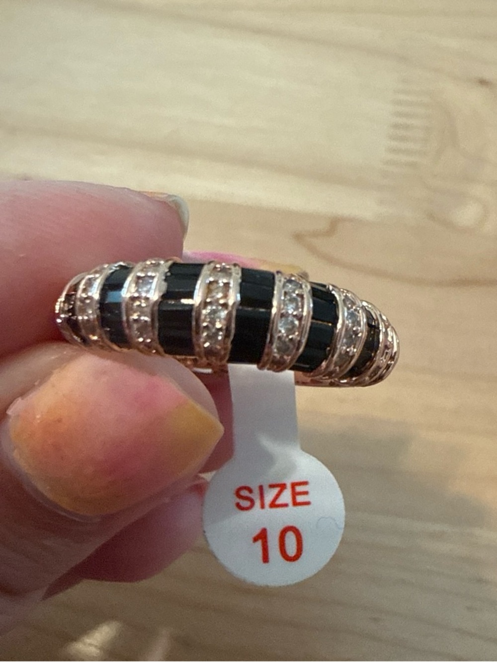 Rose Gold Tone Black Enamel Ring with Clear Crystal Accents - Size 10